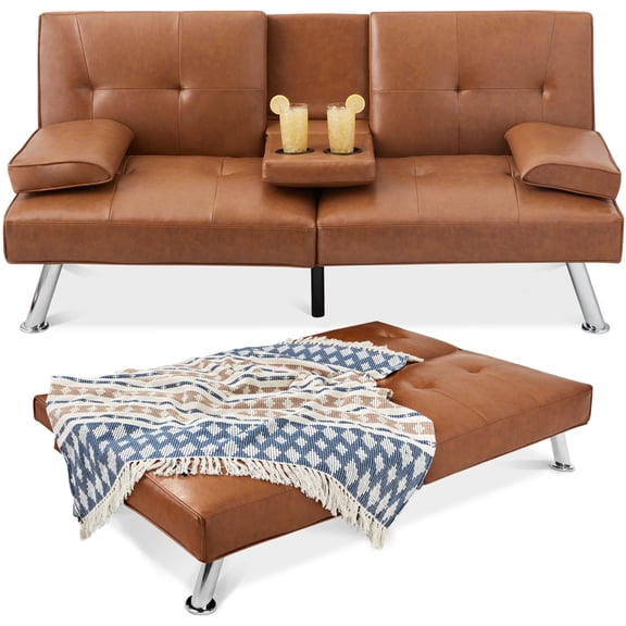 Faux Leather Upholstered Modern Convertible Futon, Adjustable Folding Sofa Bed Loveseat With 4 Chrome Metal Legs, Convertible Guest Bed Sleeper Couch With Removable Armrests, Tan