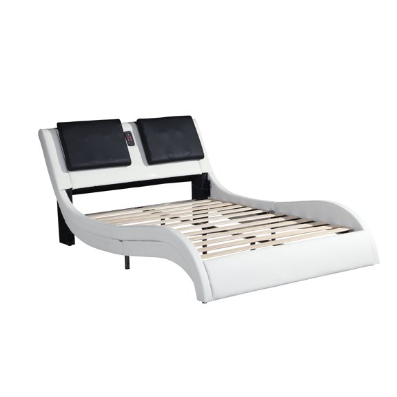 Faux Leather Upholstered Platform Bed Frame With Led Lighting, Bluetooth Connection To Play Music Control, Backrest Vibration Massage, Curve Design, Wood Slat Support, No Box Spring Needed, Queen