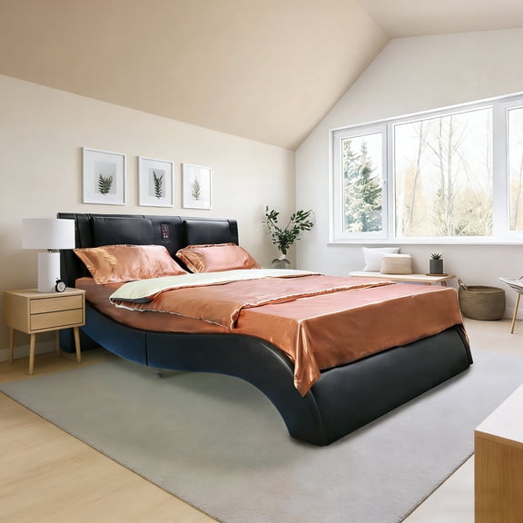 Faux Leather Upholstered Platform Bed Frame with led lighting, Bluetooth connection to play music, Backrest vibration massage, Curve Design, Wood Slat Support, Exhibited Speakers, Queen No4066