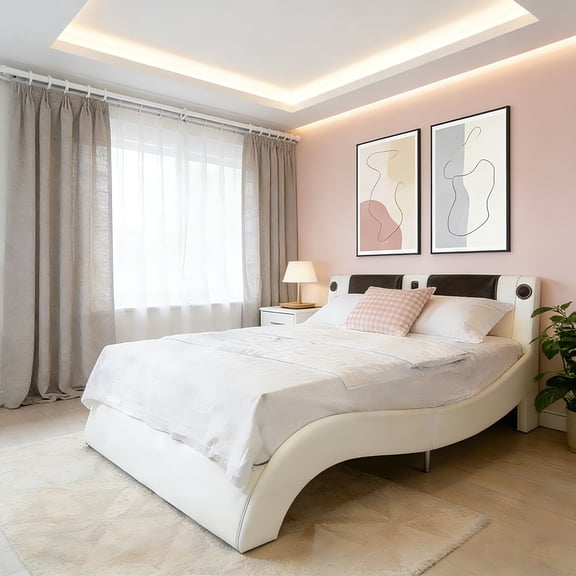 Faux Leather Upholstered Platform Bed with LED Lighting, Bluetooth Speakers, Vibration Massage, Curved Headboard, Wood Slat Support, No Box Spring Needed