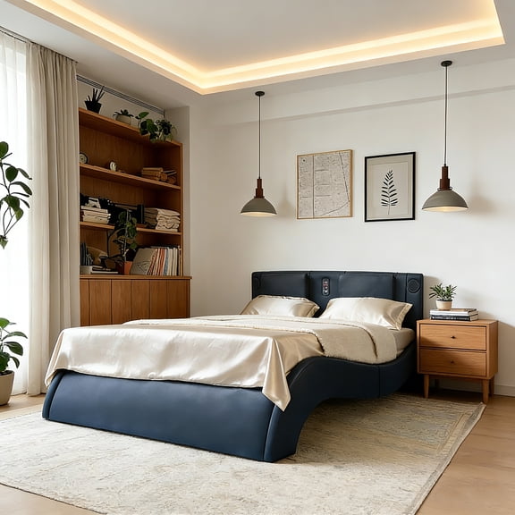 Faux Leather Upholstered Platform Bed with LED Lighting, Bluetooth Speakers, Vibration Massage, Curved Headboard, Wood Slat Support, No Box Spring Needed