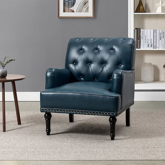 Faux Leather Upholstered Tufted Armchair Lounge Accent Chair Single Sofa with Wooden Turned Legs Living Room Turquoise