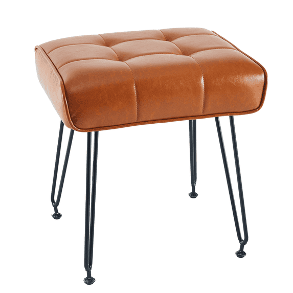 Ebenchico Faux Leather Upholstered Vanity Stool with 4 Metal Legs PU Footstools for Makeup Bedroom Entryway, Whiskey Brown