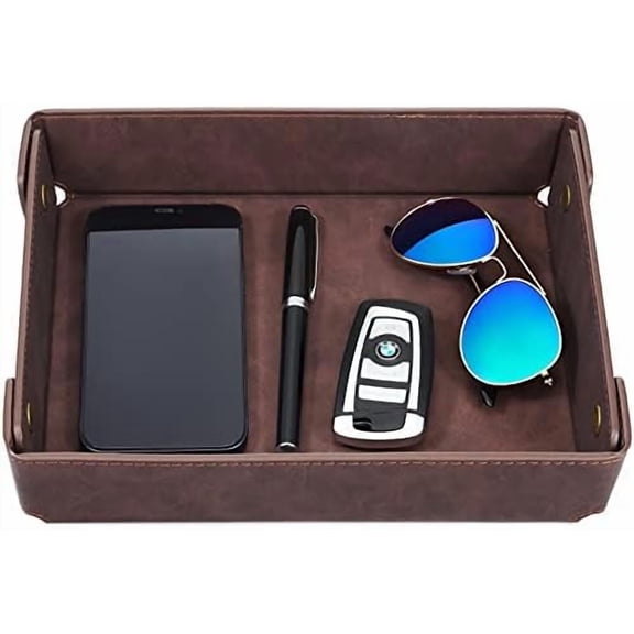 Faux Leather Valet Tray Organizer for Men - Catch-All Tray for Entryway Table Key, Wallet, Watch, Coin Change, Phone, Dresser EDC Dump Jewelry, Bedside Nightstand Desk-top Catchall