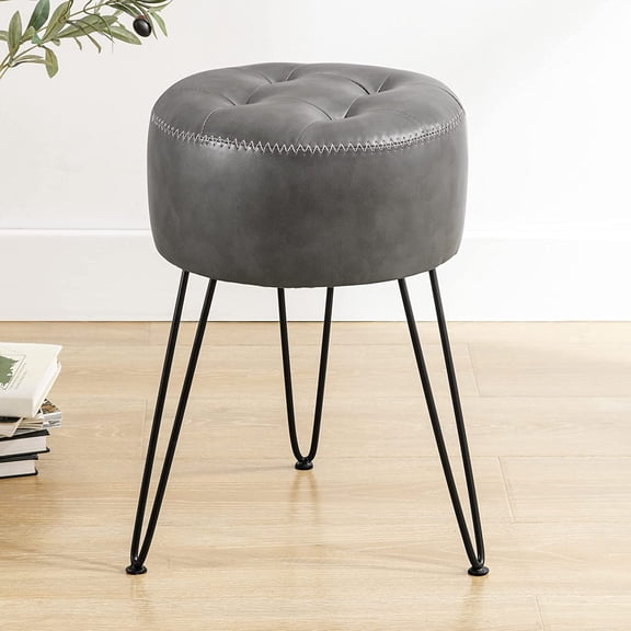Faux Leather Vanity Stool Chair for Makeup Room, Grey Stool for Vanity, 19” Height, Tufted Small Vanity Chair with Metal Legs, for Bedroom, Living Room
