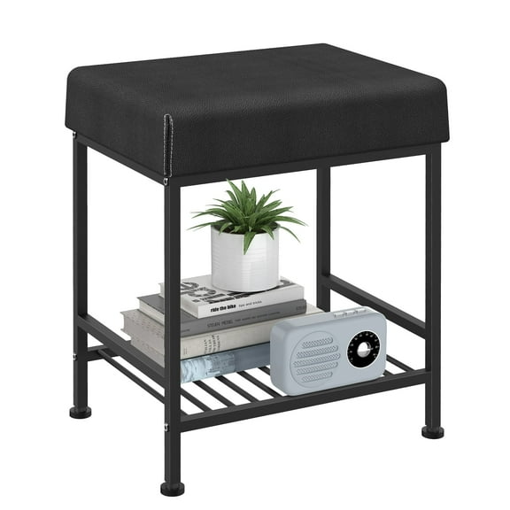 Vanity Stool with Storage, 20" PU Leather Stool with Adjustable Feet for Bedroom, Living Room, Black