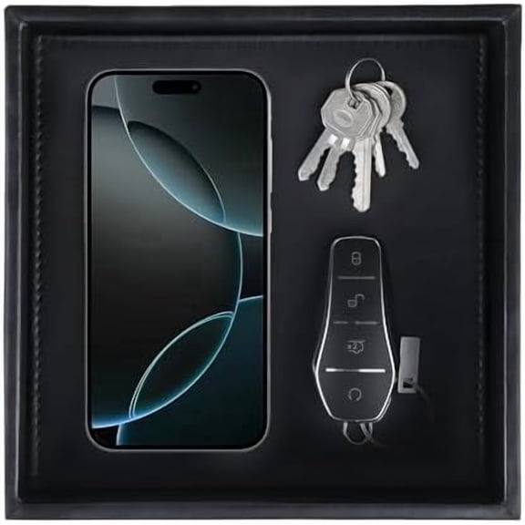 Faux Leather Vanity Tray, Elegant Desktop Storage Organizer, Decorative Catchall for Perfume, Bathroom Valet, Nightstand or Dresser, 8 x 8 x 1.8 inches (Black)