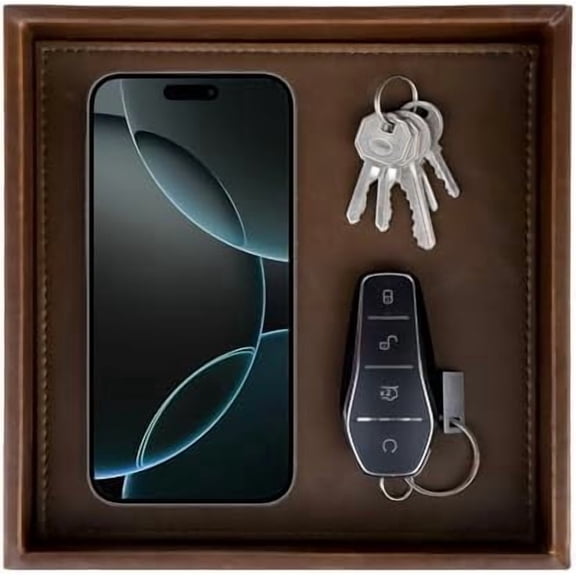 Faux Leather Vanity Tray, Elegant Desktop Storage Organizer, Decorative Catchall for Perfume, Bathroom Valet, Nightstand or Dresser, 8 x 8 x 1.8 inches (Brown)