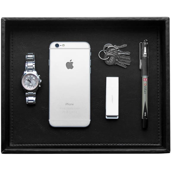 Faux Leather Vanity Tray, Elegant Desktop Storage Organizer, Decorative Catchall for Perfume, Bathroom Valet, Nightstand or Dresser, 8 x 8 x 1.8 inches (Brown)