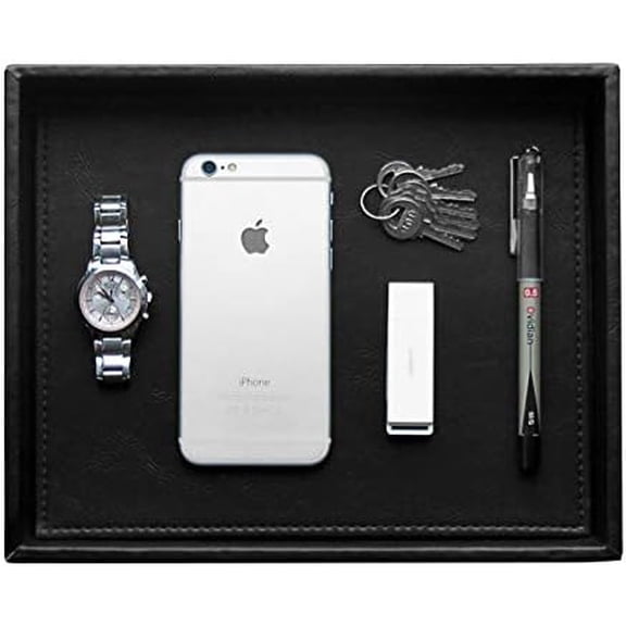 Faux Leather Vanity Tray, Elegant Desktop Storage Organizer, Decorative Catchall for Perfume, Bathroom Valet, Nightstand or Dresser, Black, 10.2 x 8.4 x 1.8 Inches