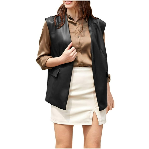 Faux Leather Vest Jacket for Women Sleeveless Open Front Cardigan Pleather Jackets Dressy Casual Ladies Waistcoat (Large, Black)