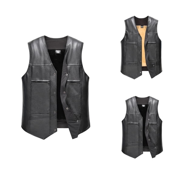 Leather Vest Men Fall Winter Warm Casual Button Front Sleeveless Jacket Line Motorcycle Waistcoat Gilet