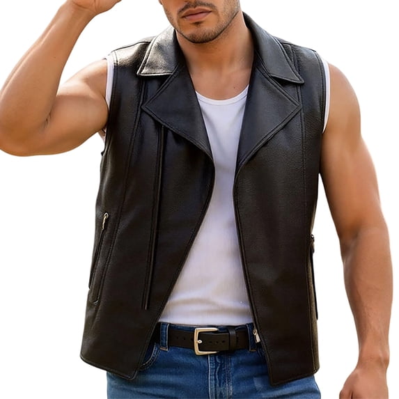 Faux Leather Vest for Men's Motorcycle Biker Sleeveless Jacket Lapel Zipper Riding PU Vest Black
