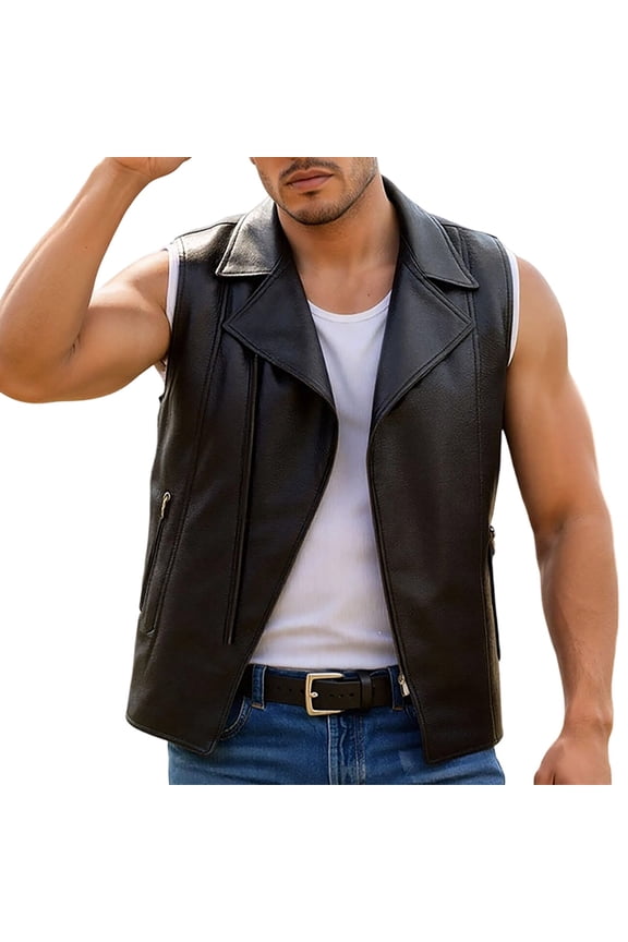 Faux Leather Vest for Men's Motorcycle Biker Sleeveless Jacket Western Retro Zipper Riding PU Waistcoat