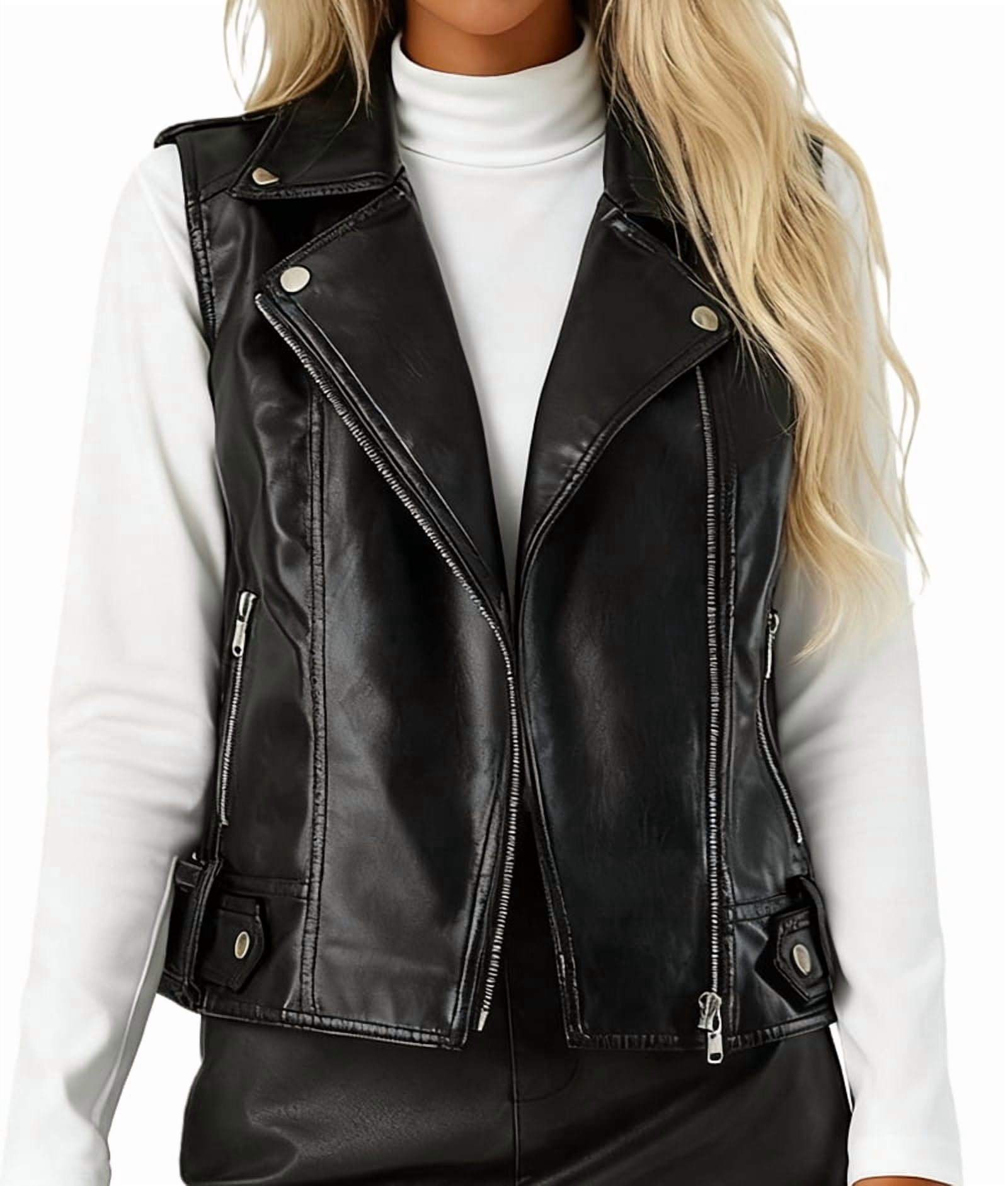 Faux Leather Vest for Women Lapel Sleeveless Moto Slim Fit PU Motorcycle Biker Waistcoat Black M