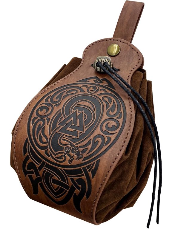 Faux Leather Viking Pouch, Nordic Compass Pattern Wallet, Drawstring Purse Fanny Pack, Portable Wallet, Vintage Belt Pouch, Fashion Purse For Men Women Brown