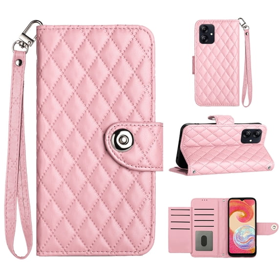 Faux Leather Wallet Case Compatible with Samsung Galaxy A05 | Classic Wrist Strap Flip Case | Ultra Slim Card Slots Stand Function Shockproof Phone Cover for Samsung Galaxy A05 - Pink