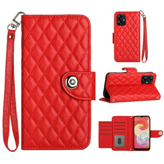 Faux Leather Wallet Case Compatible with Samsung Galaxy A05 | Classic Wrist Strap Flip Case | Ultra Slim Card Slots Stand Function Shockproof Phone Cover for Samsung Galaxy A05 - Red