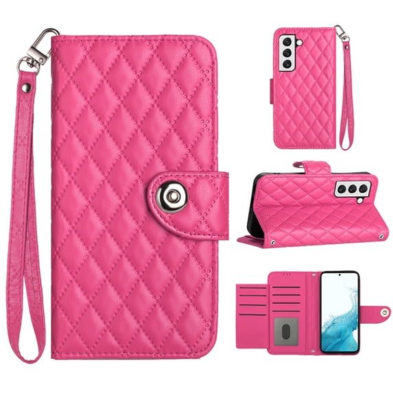Faux Leather Wallet Case Compatible with Samsung Galaxy S22 Plus | Classic Wrist Strap Flip Case | Ultra Slim Card Slots Stand Function Shockproof Phone Cover for Samsung Galaxy S22 Plus - Rose