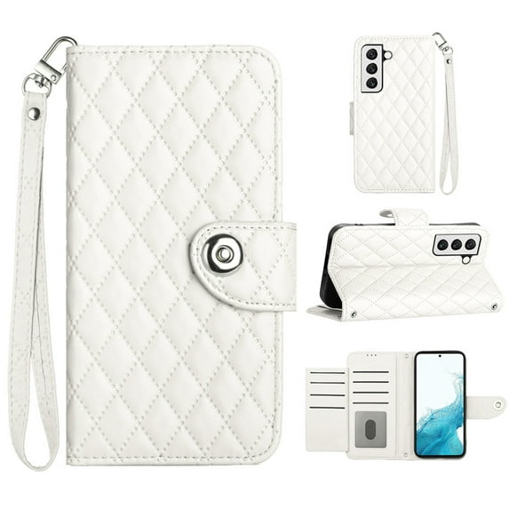 Faux Leather Wallet Case Compatible with Samsung Galaxy S22 Plus | Classic Wrist Strap Flip Case | Ultra Slim Card Slots Stand Function Shockproof Phone Cover for Samsung Galaxy S22 Plus - White