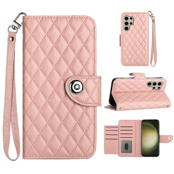 Faux Leather Wallet Case Compatible with Samsung Galaxy S22 Ultra | Classic Wrist Strap Flip Case | Ultra Slim Card Slots Stand Function Shockproof Phone Cover for Samsung Galaxy S22 Ultra - Coralpink