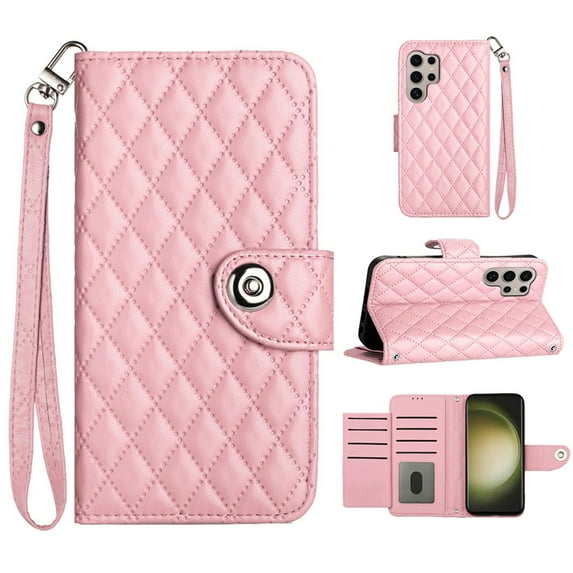 Faux Leather Wallet Case Compatible with Samsung Galaxy S22 Ultra | Classic Wrist Strap Flip Case | Ultra Slim Card Slots Stand Function Shockproof Phone Cover for Samsung Galaxy S22 Ultra - Pink