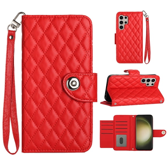 Faux Leather Wallet Case Compatible with Samsung Galaxy S24 Ultra | Classic Wrist Strap Flip Case | Ultra Slim Card Slots Stand Function Shockproof Phone Cover for Samsung Galaxy S24 Ultra - Red