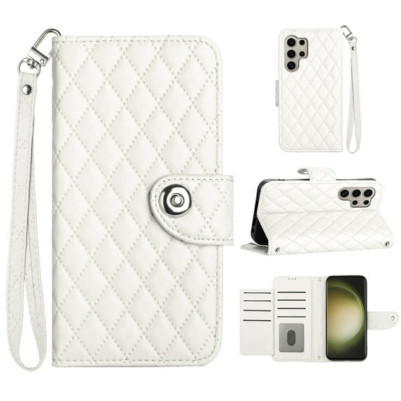 Faux Leather Wallet Case Compatible with Samsung Galaxy S24 Ultra | Classic Wrist Strap Flip Case | Ultra Slim Card Slots Stand Function Shockproof Phone Cover for Samsung Galaxy S24 Ultra - White