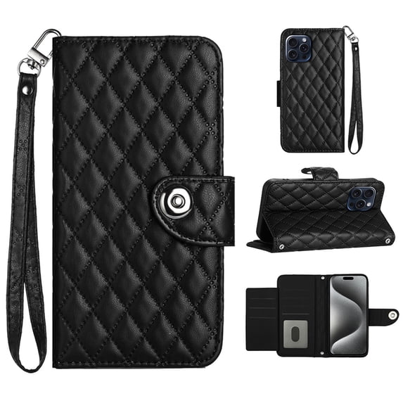 Faux Leather Wallet Case Compatible with iPhone 13 Pro | Classic Wrist Strap Flip Case | Ultra Slim Card Slots Stand Function Shockproof Phone Cover for iPhone 13 Pro - Black