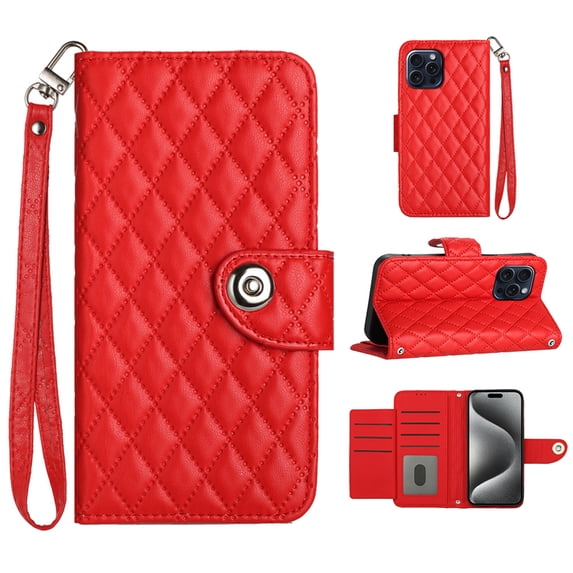 Faux Leather Wallet Case Compatible with iPhone 13 Pro | Classic Wrist Strap Flip Case | Ultra Slim Card Slots Stand Function Shockproof Phone Cover for iPhone 13 Pro - Red