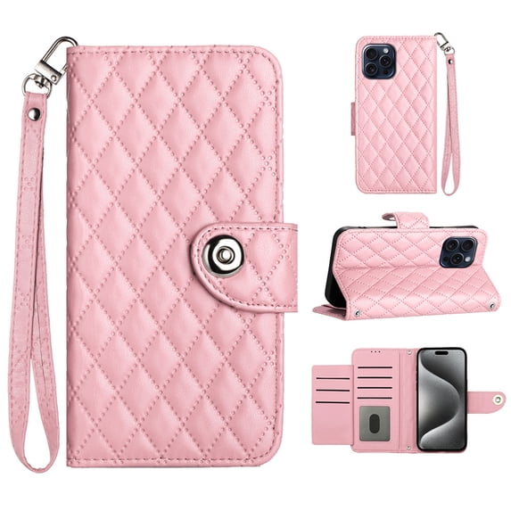 Faux Leather Wallet Case Compatible with iPhone 14 Pro | Classic Wrist Strap Flip Case | Ultra Slim Card Slots Stand Function Shockproof Phone Cover for iPhone 14 Pro - Pink