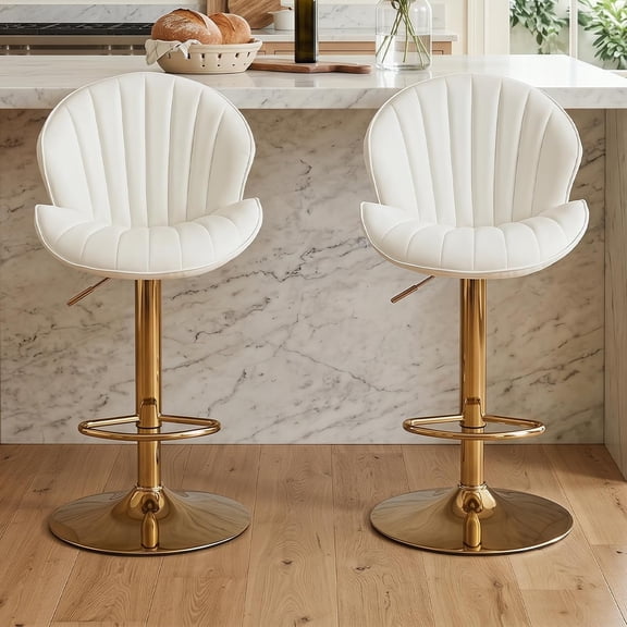 Faux Leather White Bar Stools Set of 2 Adjustable Height Bar Chairs Modern Swivel Barstools with Shell Shape Back Kitchen Stools for Island/Home Bar/Counter, (Gold Base/PU Cream White)