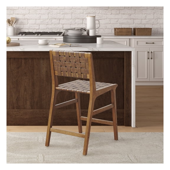 Faux Leather Woven Counter Stool 24"H Brown + Polyester