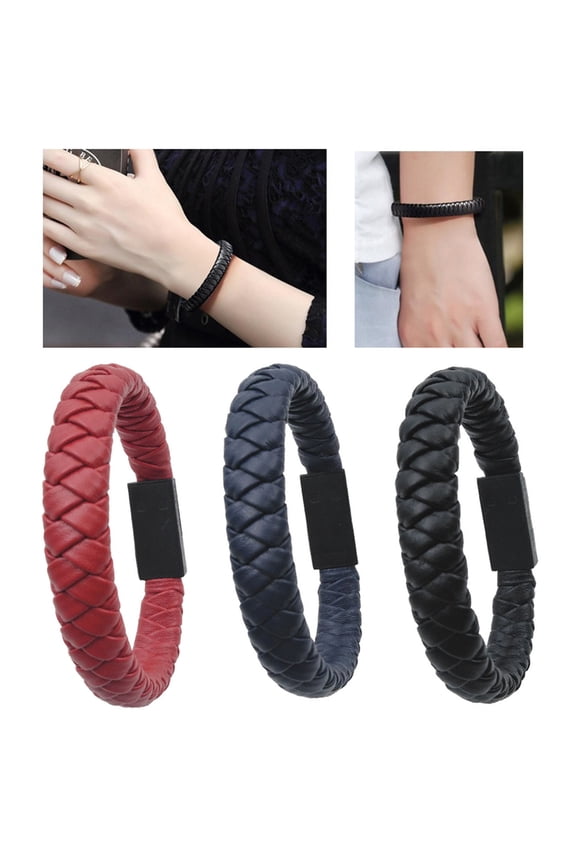 Faux Leather Woven Mini Type-C Micro USB Charging Bracelet Data Cable,Dark Blue Type C