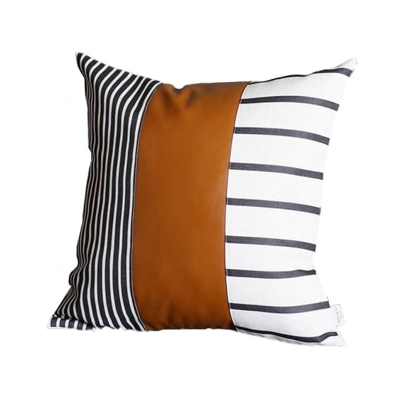 Faux Leather and Monochromatic Stripes Decorative Pillow Cover