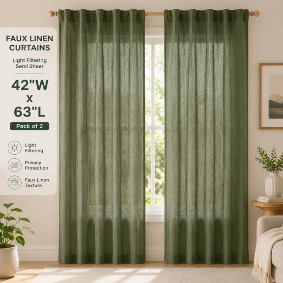 Faux Linen Curtains 63 Inch Length 2 Panels Natural Olive Green Semi Sheer Burlap Drapes Light Filtering Privacy Window Treatment