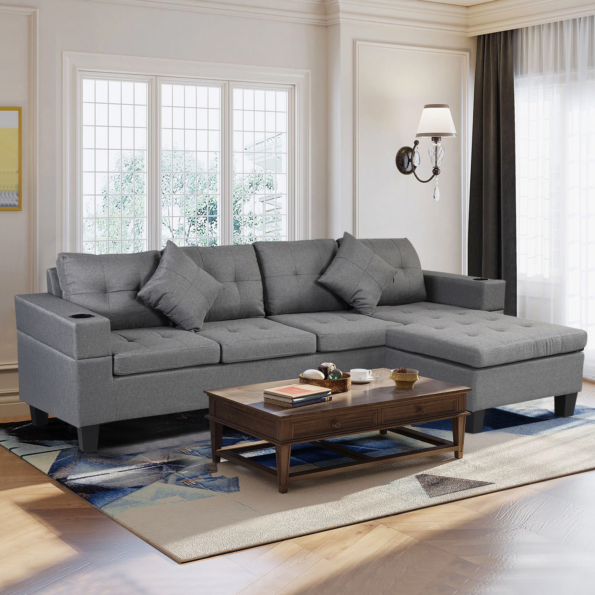 Faux Linen Fabric Sectional Sofa with Chaise Lounge and Cupholders, L