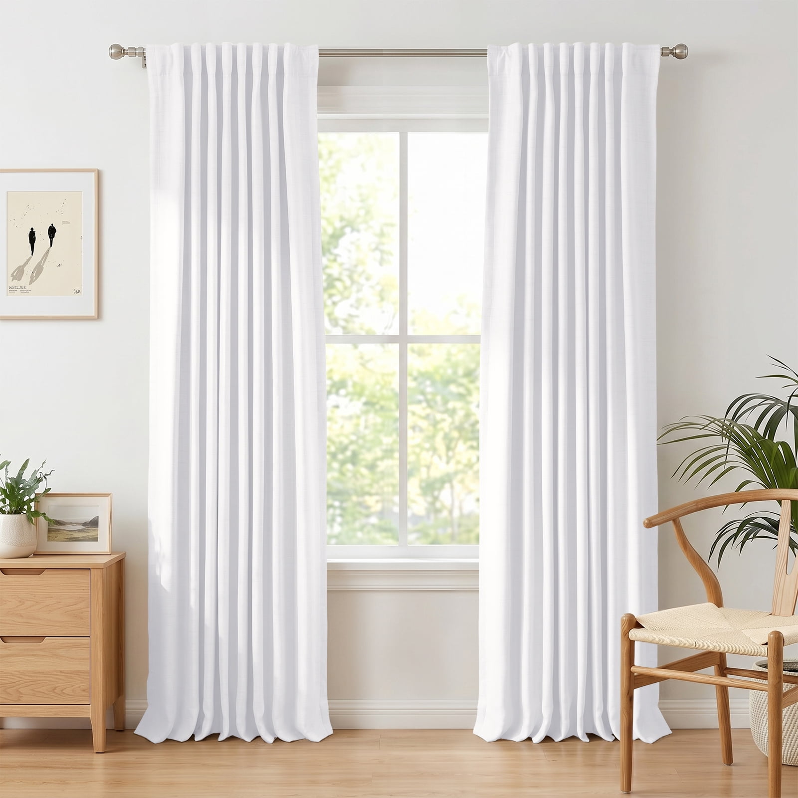 100% Blackout Faux Linen Curtains for Livingroom Bedroom W50 X L96,2 Panels Set Thermal Insulated Curtains With Free 20 Ring Clips - BrightWhite