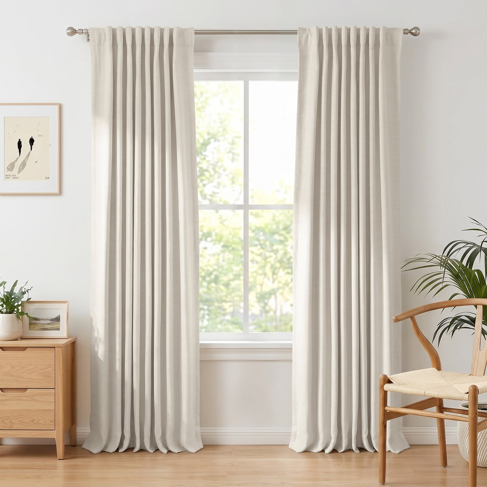 100% Blackout Faux Linen Curtains for Livingroom Bedroom W50 X L84,2 Panels Set Thermal Insulated Curtains With Free 20 Ring Clips- Cream