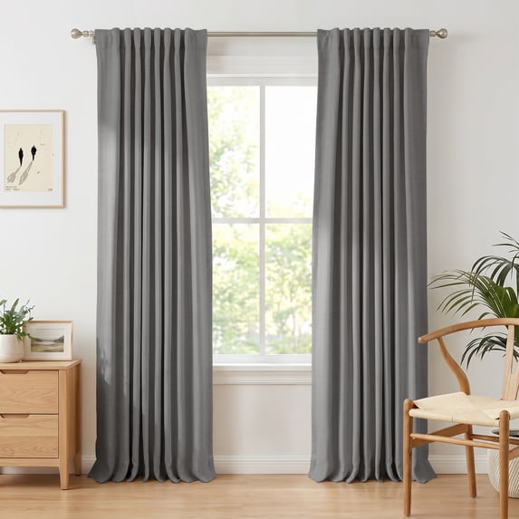 100% Blackout Faux Linen Curtains for Livingroom Bedroom W50 X L96,2 Panels Set Thermal Insulated Curtains With Free 20 Ring Clips - DarkGrey