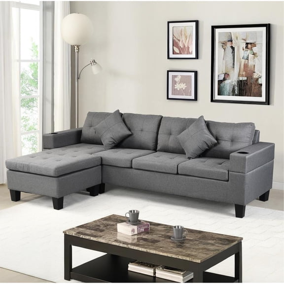 Faux Linen Grey Sofa Set with Cup Holders / Add Style to Living Room