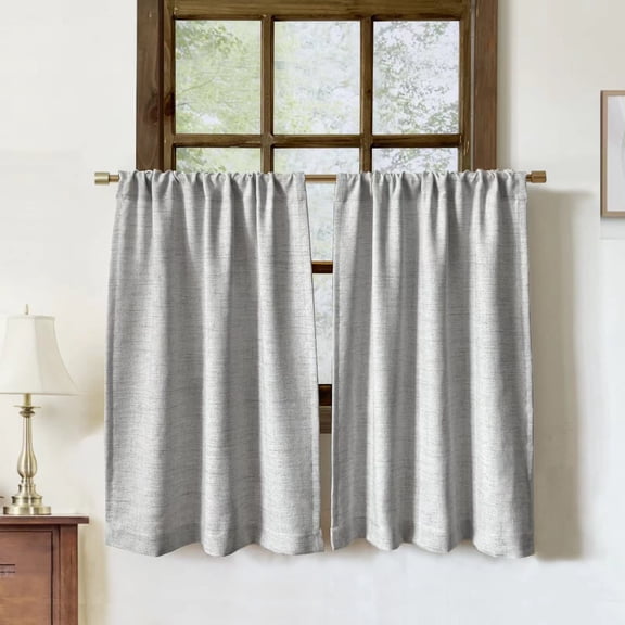 Faux Linen Kitchen Curtains 36 Inch Length Cafe Curtain Tiers For Living Room Basement Bathroom Windows Country Rustic Small Short  Set Of 2 Grey