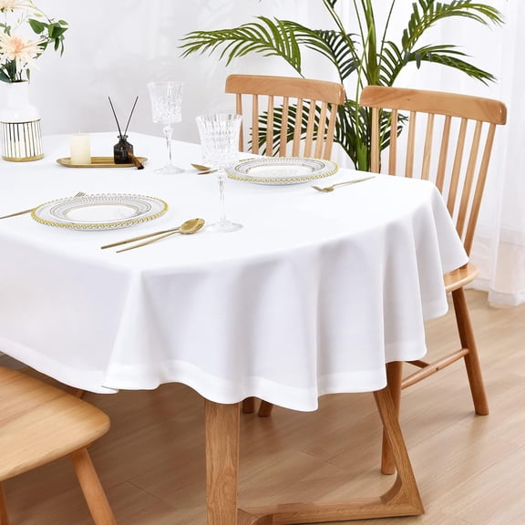 Faux Linen Oval Tablecloth Heavy Duty Wrinkle Resistant Fabric Table Cloths 60 x 102 Inch White Farmhouse Rustic Table Cover for Kitchen Dining Indoor Outdoor Tabletop Decoration