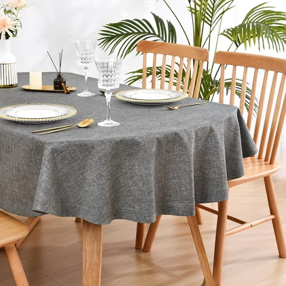 Faux Linen Oval Tablecloth Heavy Duty Wrinkle Resistant Fabric Table Cloths 60 x 84 Inch Charcoal Farmhouse Rustic Table Cover for Kitchen Dining Indoor Outdoor Tabletop Decoration