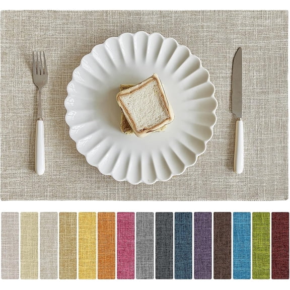 Faux Linen Placemats Set of 4-12 x 18 Inch, Heat Resistant Double Layered Durable Burlap Farmhouse Place Mats, Non-Slip Washable Rustic Table Mats for Dining, Kitchen, Party