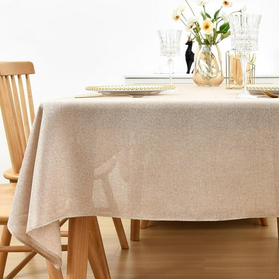 Faux Linen Rectangle Tablecloth Natural Burlap Wrinkle Resistant Table Cloth Farmhouse Rustic Table Cover Washable Fabric for Party Dining Kitchen 60x84 Inch Flaxen