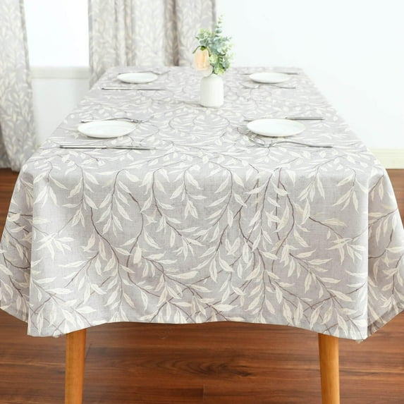 Faux Linen Rectangle Tablecloth, Washable Wrinkle Free Farmhouse Table Cloth, Leaves Printed Table Cover for Kitchen Dining Party, 60 x 102, Grey