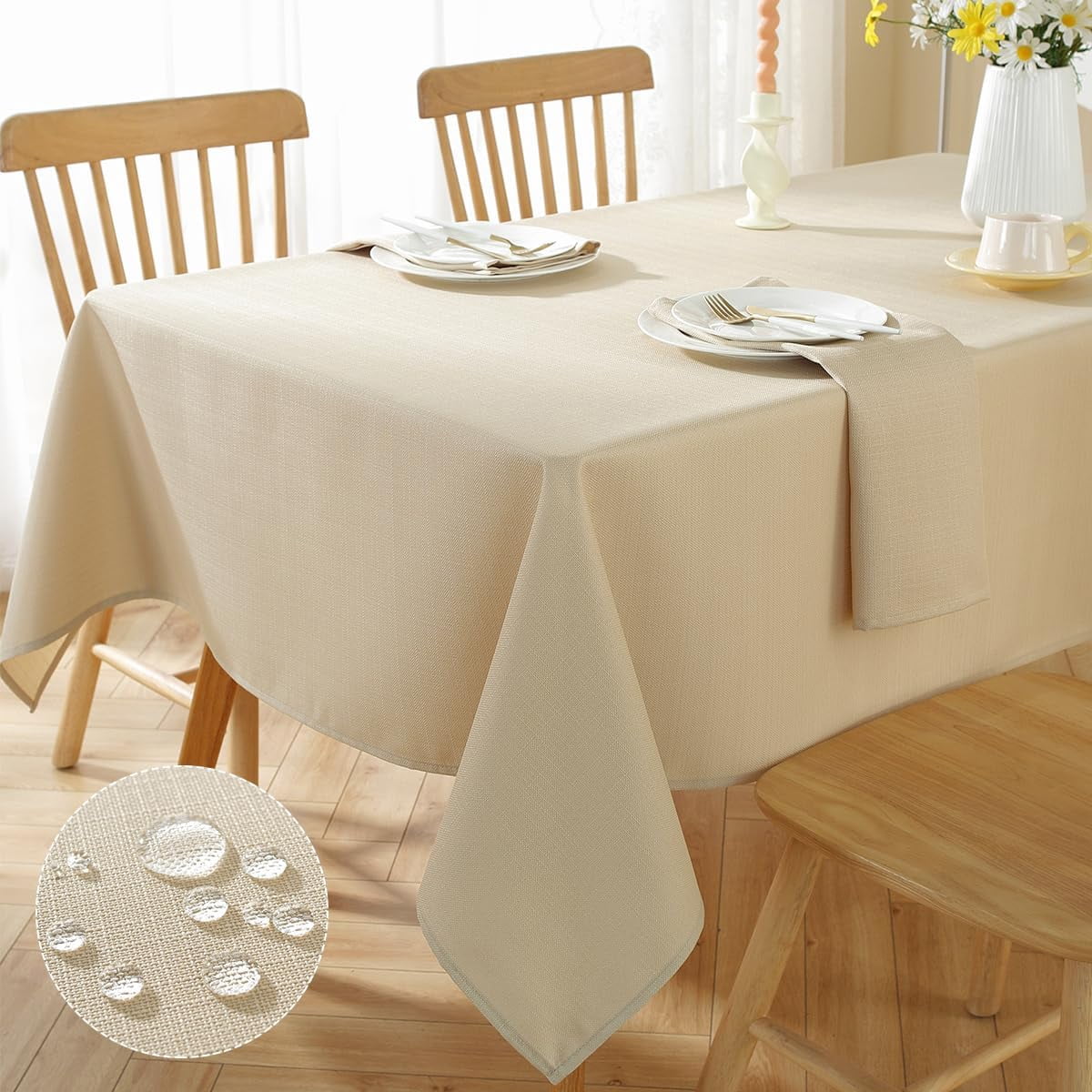 Faux Linen Rectangle Tablecloth, Waterproof Wrinkle Resistant Textured ...
