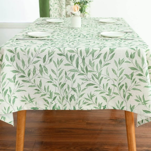 Faux Linen Rectangle Tablecloth, Wrinkle Resistant Farmhouse Table Cloth for Kitchen Dining Room Party Table Cover, 60 x 102, Green Leaves Pattern