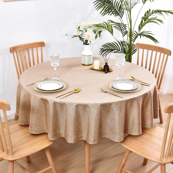 Faux Linen Round Tablecloth Heavy Duty Wrinkle Resistant Fabric Table Cloths 60 Inch Flaxen Coffee Table Cover for Kitchen Dining Indoor Outdoor Tabletop Decoration